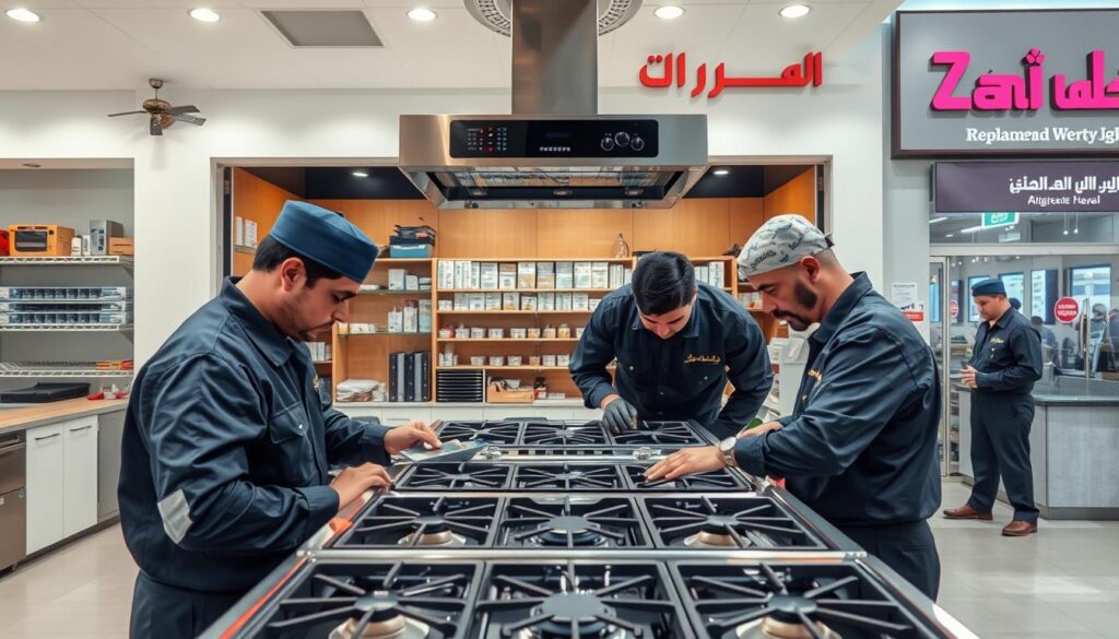 A well-lit, high-quality photograph of a modern gas stove repair service in Riyadh, Saudi Arabia. The foreground shows a team of skilled technicians in uniform examining and servicing a gas oven, with various tools and spare parts visible. The middle ground depicts the interior of a neatly organized workshop, with shelves of replacement parts and a clean, organized workspace. The background showcases the exterior of the gas stove repair company's building, a modern structure with signage and branding that clearly communicates the services offered. The overall scene conveys a sense of professionalism, efficiency, and high-quality workmanship in the gas stove repair industry in Riyadh.