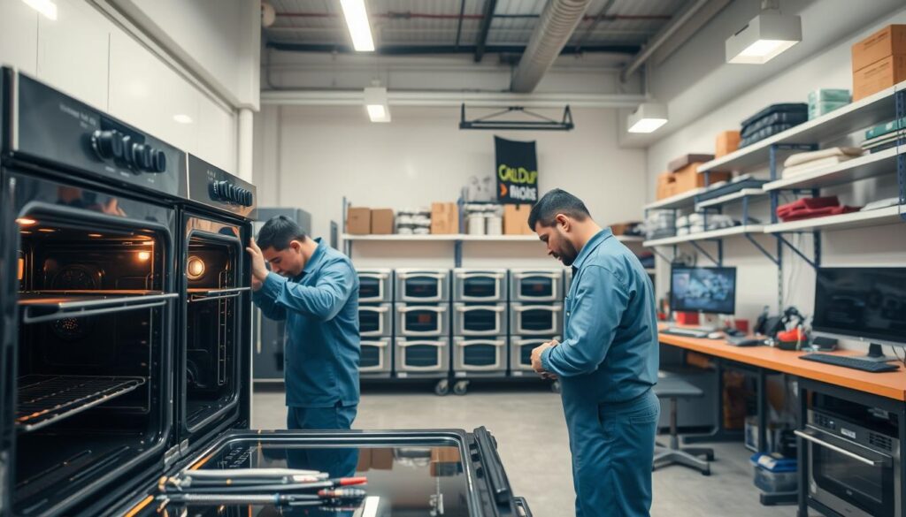 A well-lit, professional workshop interior showcasing the process of gas oven maintenance in Riyadh. In the foreground, a technician carefully examines the internal components of an open oven, surrounded by an array of specialized tools. In the middle ground, racks of ovens await inspection and servicing, their surfaces gleaming under the warm lighting. The background features shelves stocked with spare parts and a workbench with a computer, highlighting the technical expertise required for thorough gas oven repair and maintenance. The overall atmosphere conveys a sense of precision, efficiency, and dedication to providing high-quality service to Riyadh's households.