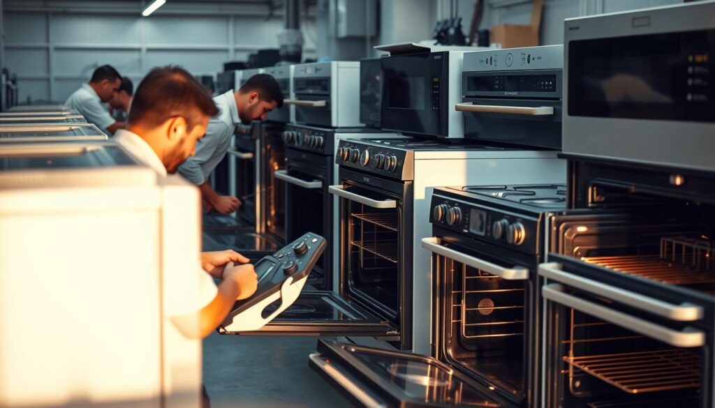 A well-lit workshop setting with rows of various electric ovens and stoves, showcasing their intricate inner mechanisms. Technicians in uniform diligently examining and repairing the appliances, using specialized tools and diagnostic equipment. Detailed close-ups of control panels, heating elements, and other components, highlighting the complexity of these domestic appliances. Soft shadows and warm lighting create a professional, technical atmosphere, emphasizing the importance of proper maintenance and servicing for these essential household items.